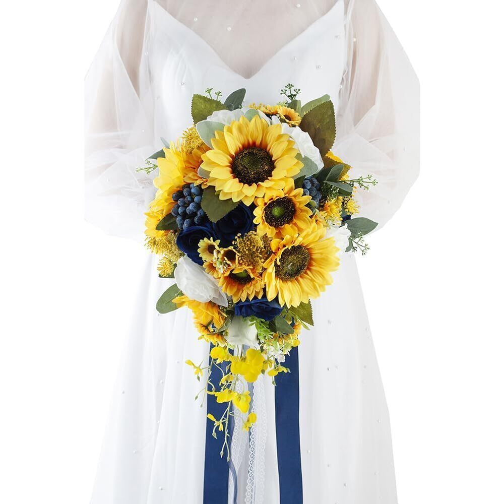 1813 12 Inch Cascade Wedding Bouquets for Bride, Royal Blue & Yellow